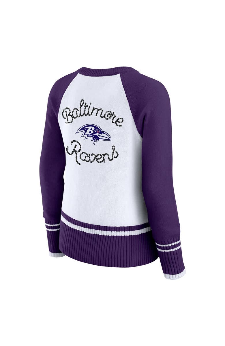 WEAR by Erin Andrews Women
s WEAR by Erin Andrews White/Purple Baltimore Ravens Colorblock Raglan Sweater, Alternate, color, White