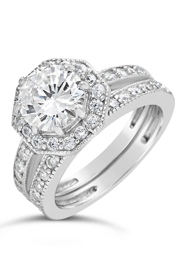 Sterling Silver Octagon CZ Ring & Band Set, Main, color, SILVER