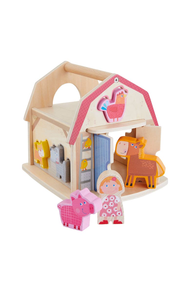 HABA Wooden Farmhouse Shape Sorter Toy with 6 Chunky Animal Blocks - Wooden Montessori Toys for 1+ Year Olds - Stacking Blocks for Toddlers 1-3, Main, color, Multi