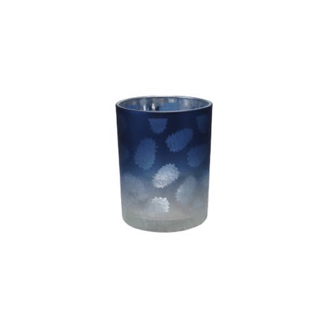 Laser Etched Glass Votive Holder with Pinecones, Blue & Silver Finish