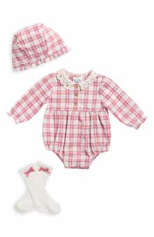 3-Piece Crochet Collar Plaid Bubble Romper, Novelty Socks & Bonnet Set