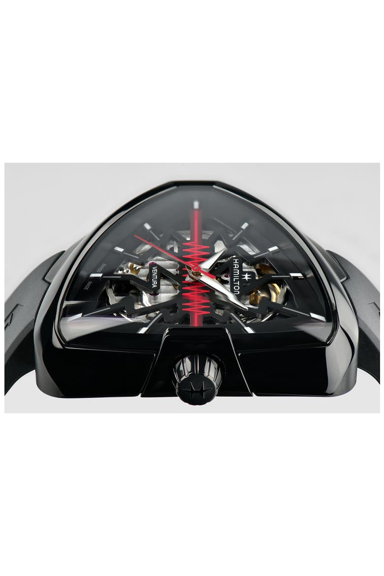 Ventura Elvis80 Skeleton Automatic Rubber Strap Watch, 44.6mm, Alternate, color, BLACK/BLACK