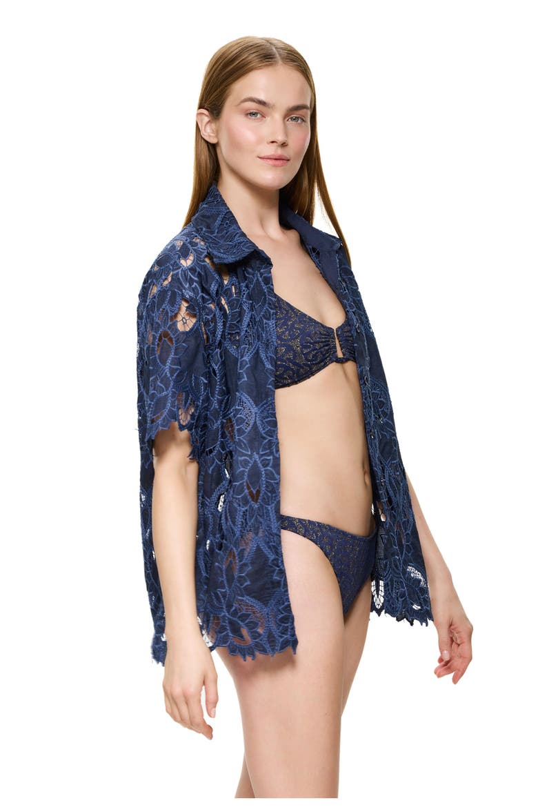 Guipure Lace Short Sleeve Button Down Shirt Cover-Up, Alternate, color, Navy