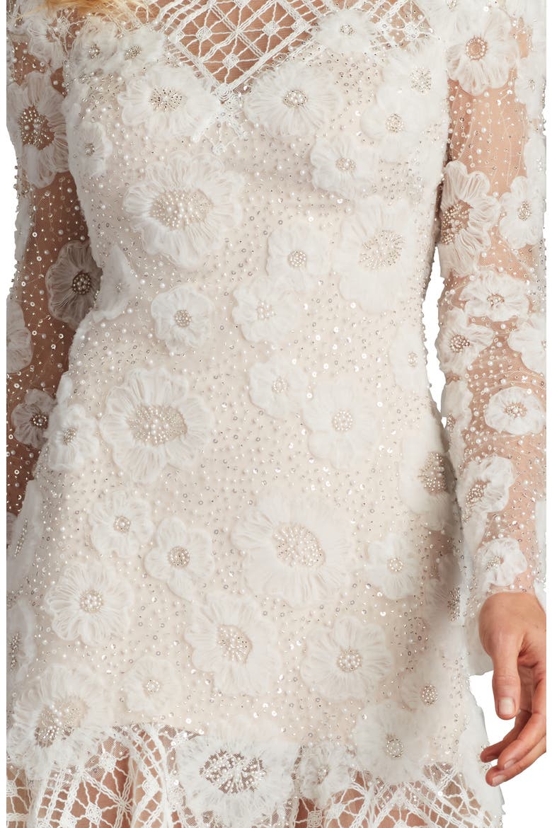 Rhinestone Embroidered Long Sleeve Cocktail Dress, Alternate, color, IVORY/ PETAL