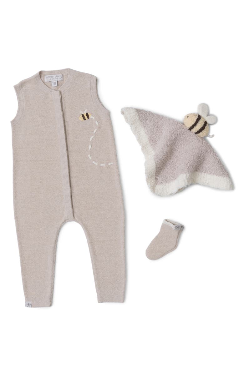 Barefoot Dreams<sup>®</sup> CozyChic<sup>™</sup> Ultra Lite<sup>®</sup> Romper, Socks & Bee Soother Blanket Set, Main, color, Stone