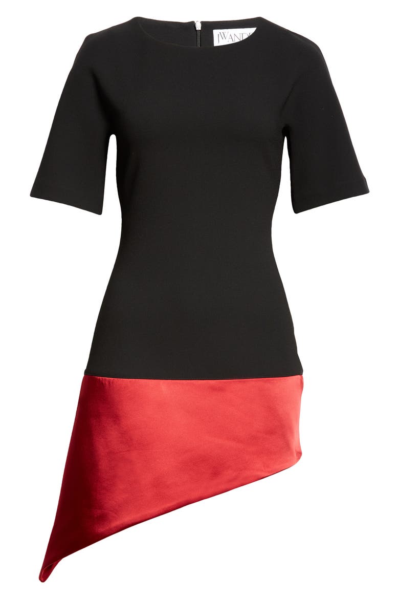 Diagonal Hem Double Crepe Dress, Alternate, color, BLACK/ RED