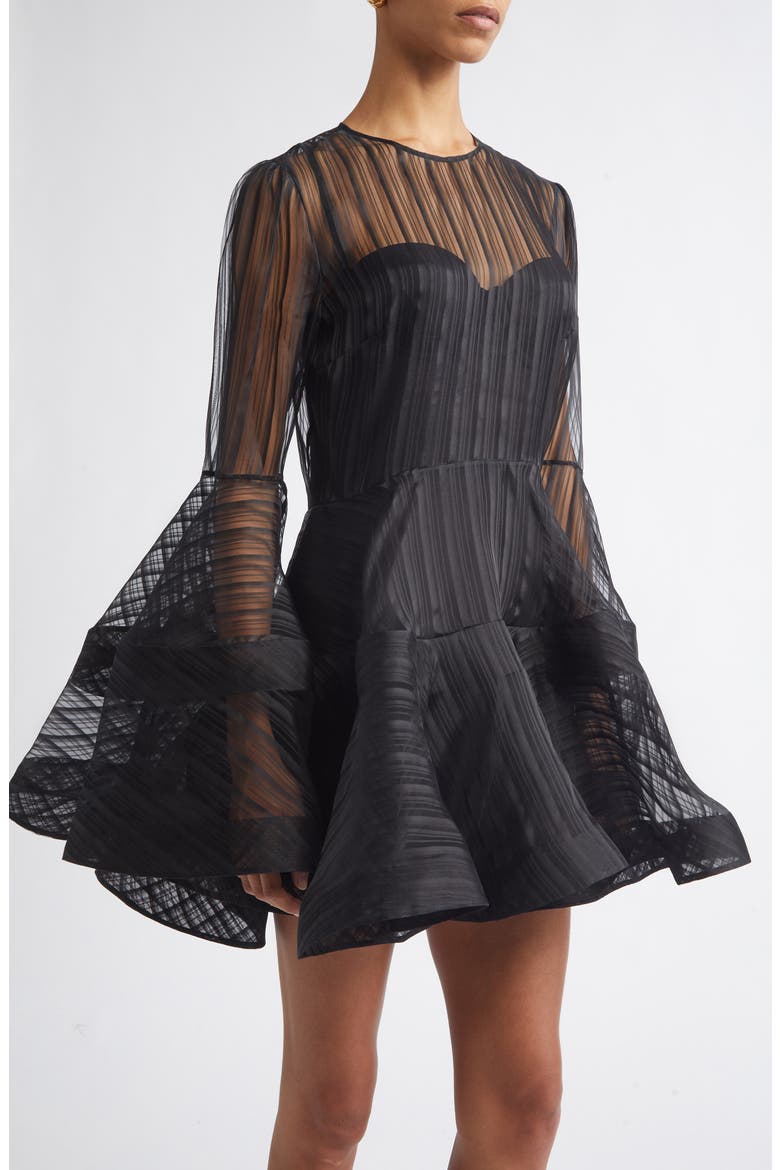 Valiant Lantern Stripe Long Sleeve Silk Minidress, Alternate, color, BLACK