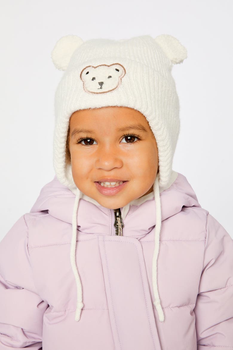 Teddy Bear Ear Flap Fleece Lined Winter Knit Hat, Alternate, color, Off-White