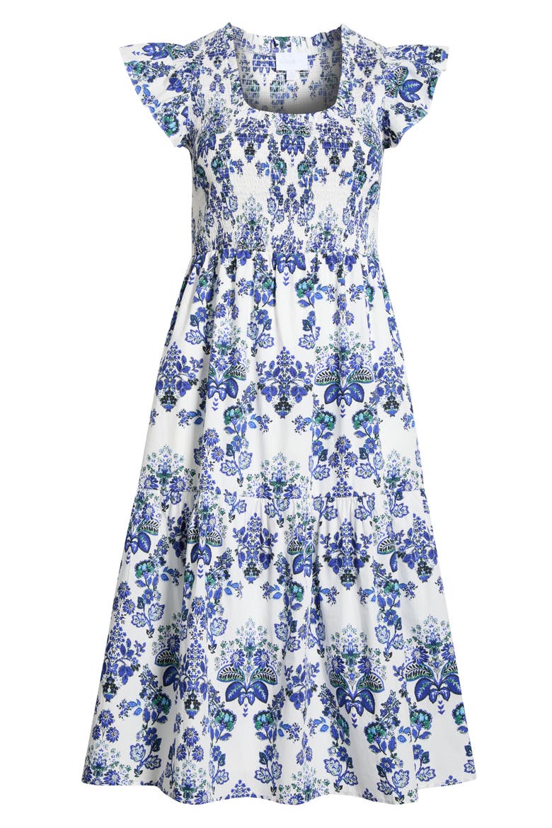 Viara Floral Giza Smocked Cotton Midi Dress, Alternate, color, BLUES-WHITE