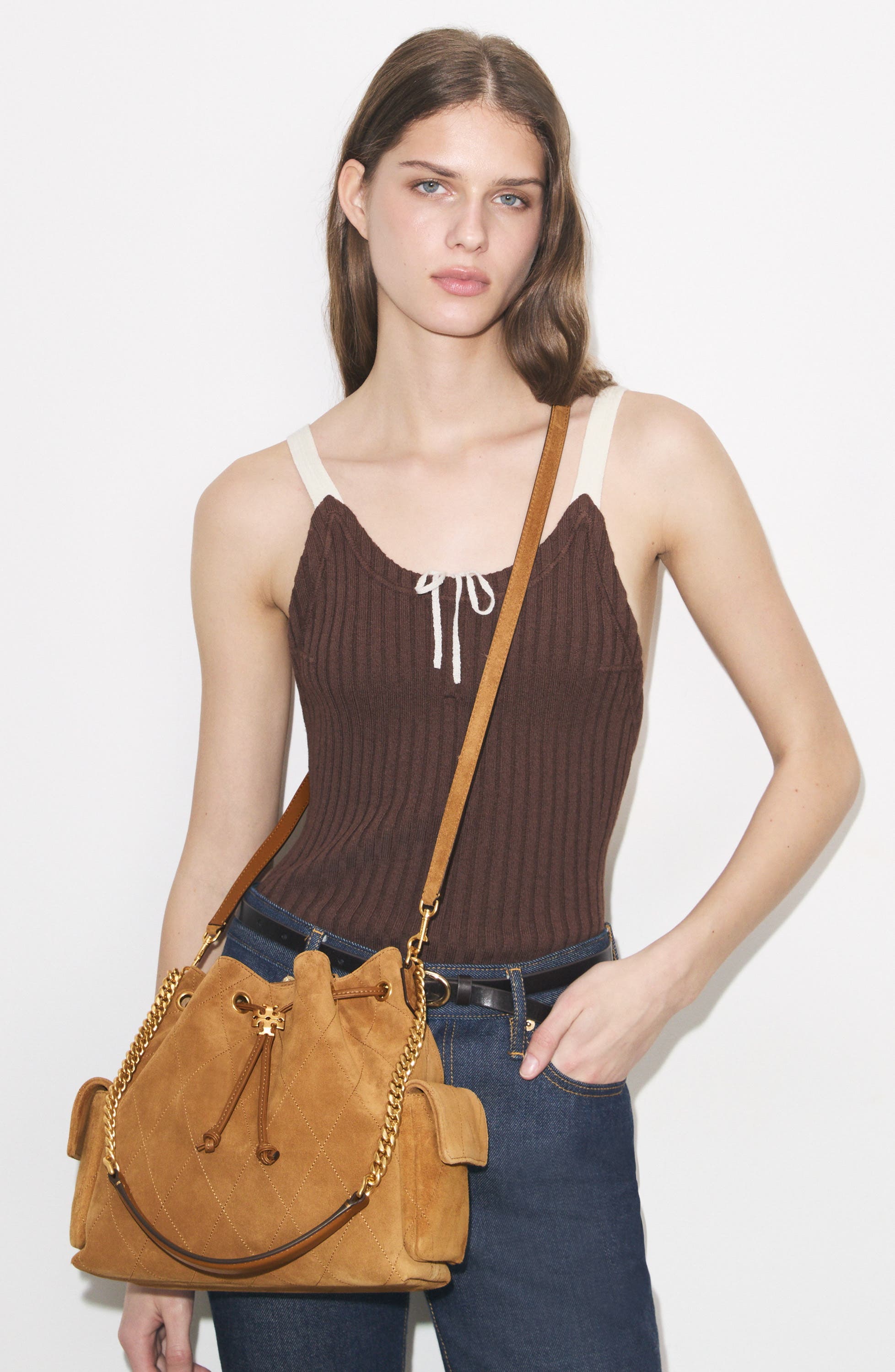 Tory Burch Charlie Quilted Suede Drawstring Bag, Alternate, color, 