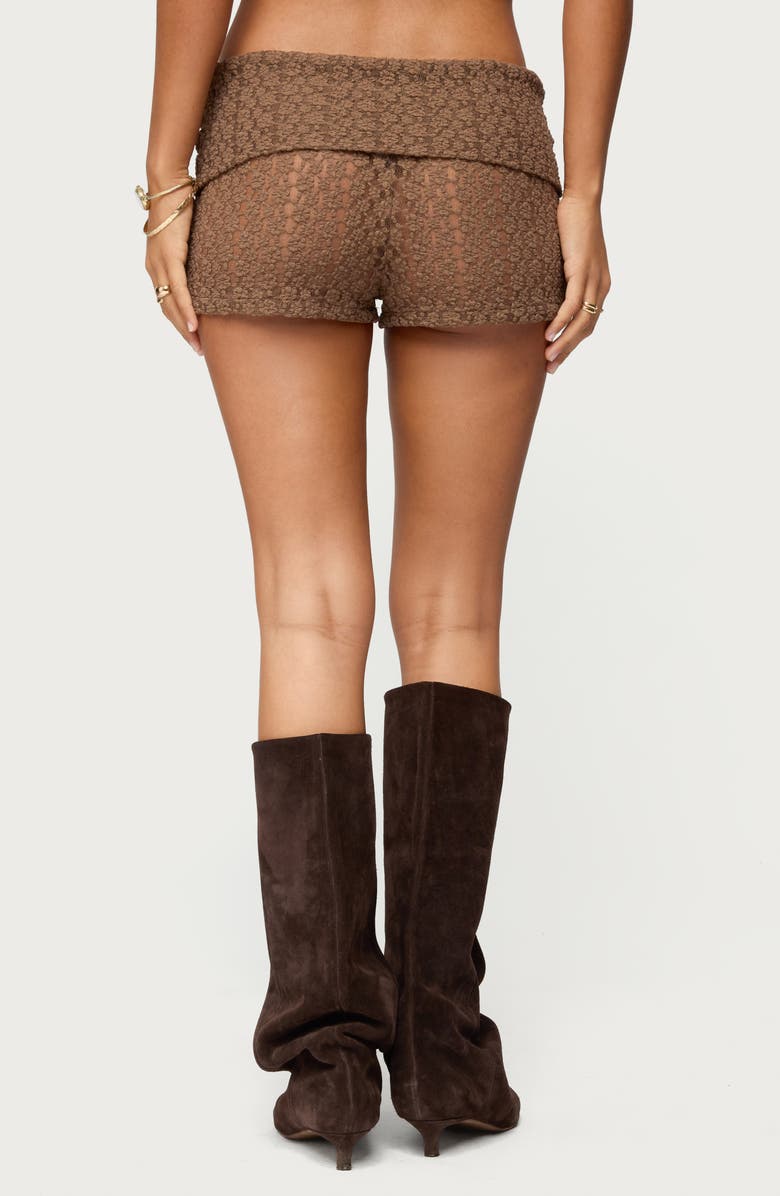 EDIKTED Rye Sheer Texture Foldover Shorts, Alternate, color, Brown