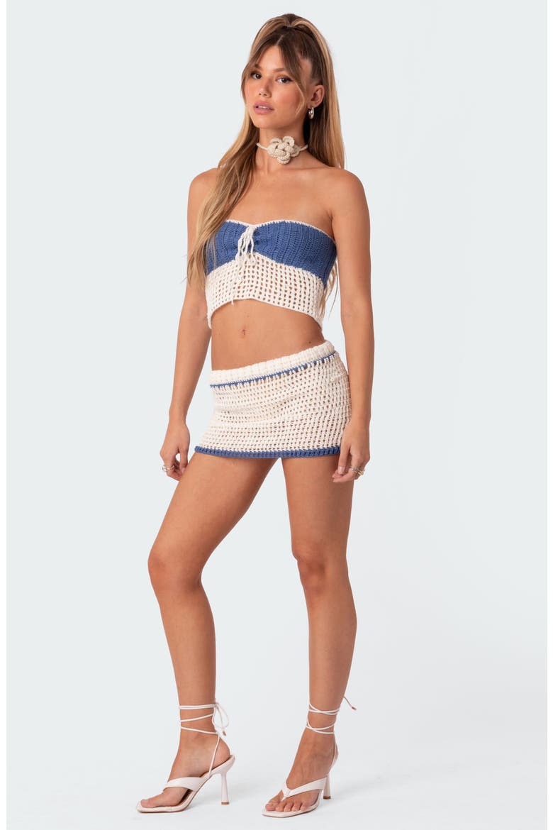 Cabana Contrast Crochet Cover-Up Miniskirt, Alternate, color, BLUE-AND-CREAM