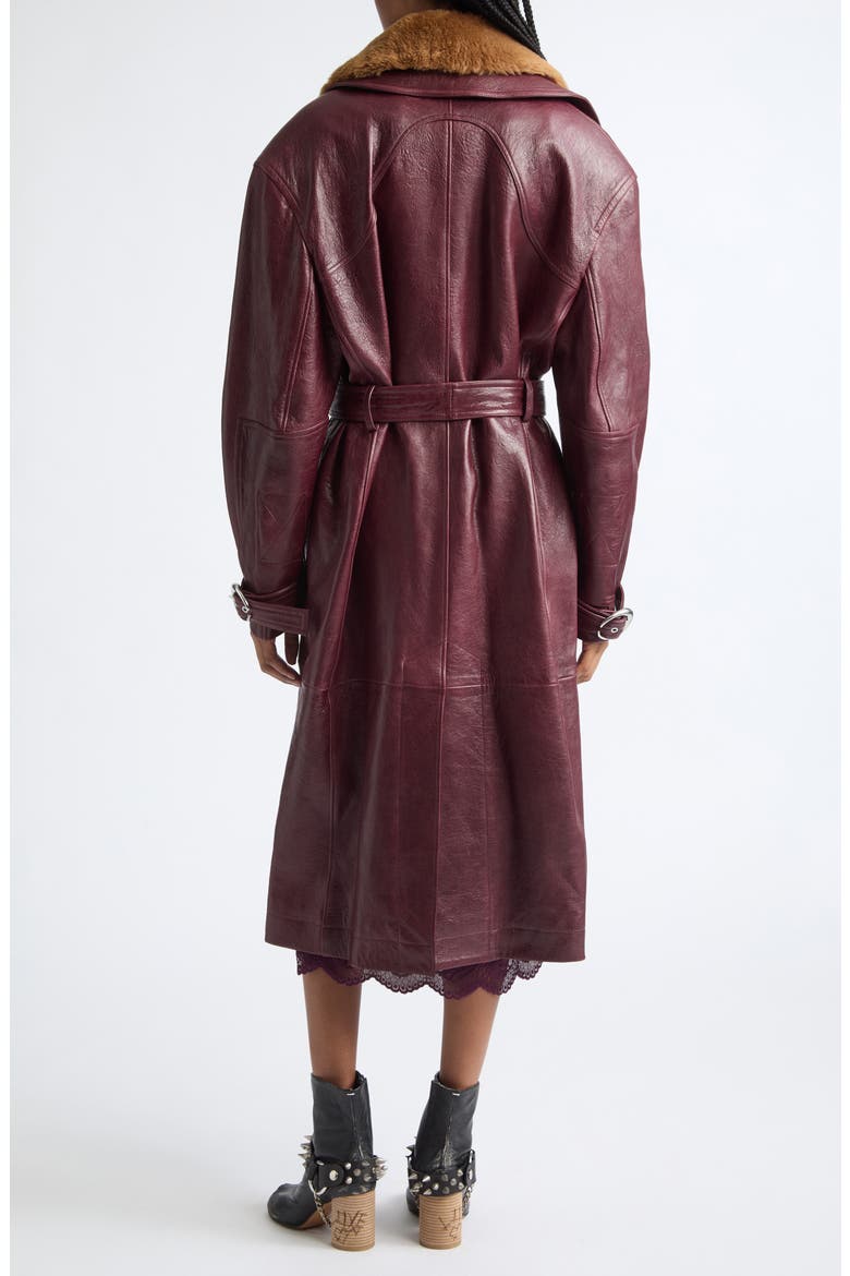 Genuine Shearling Trim Belted Leather Coat, Alternate, color, BURGUNDY