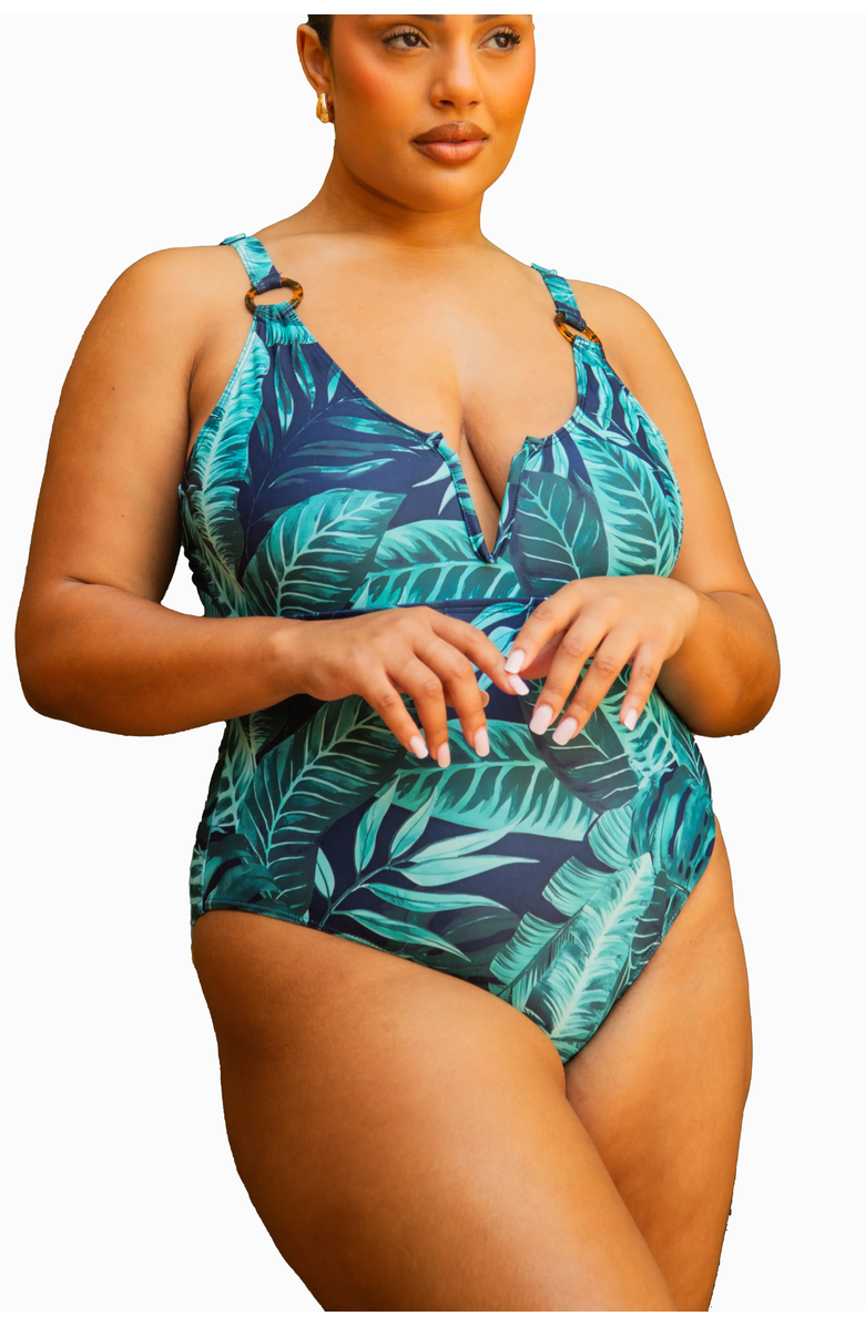FASHION-SZN CURVE Trim Detail Sculpting Swimsuit, Alternate, color, Green