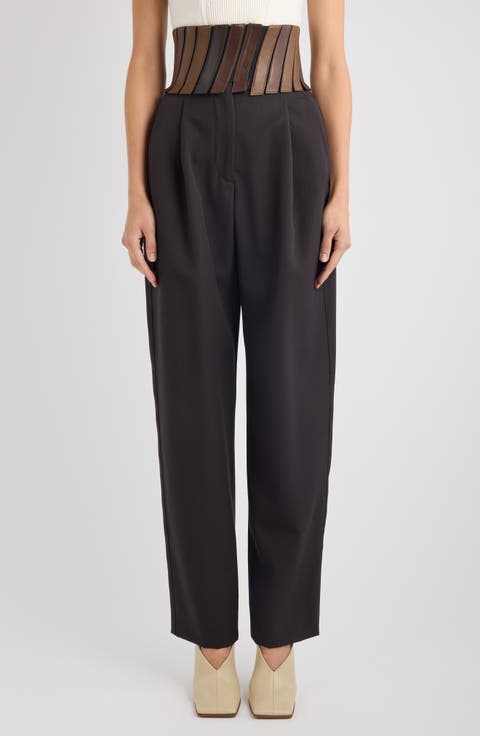 High Waist Wool Gabardine Straight Leg Pants with Leather Belt