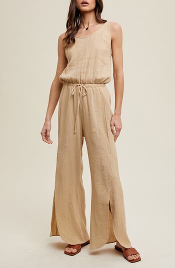 Wishlist Cotton Gauze Slit Wide Leg Jumpsuit In Neutral