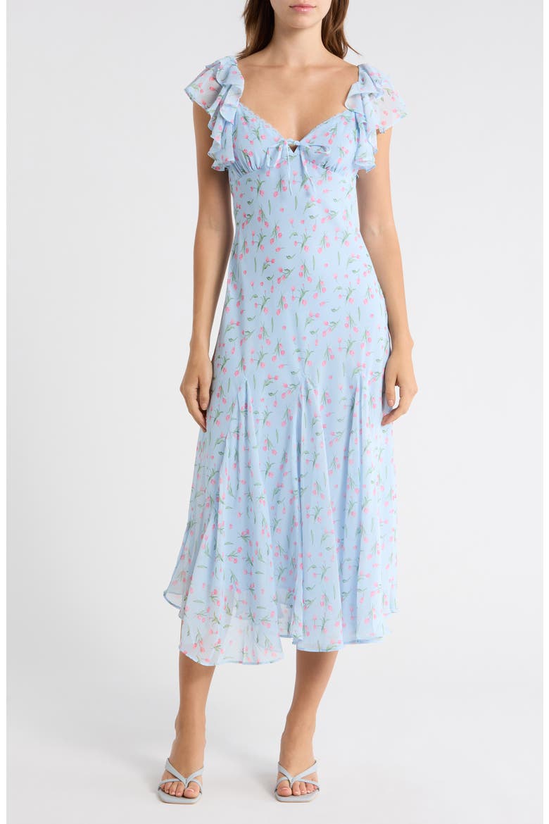 Floral Flutter Sleeve Flare Hem Midi Dress, Main, color, BLUE PINK