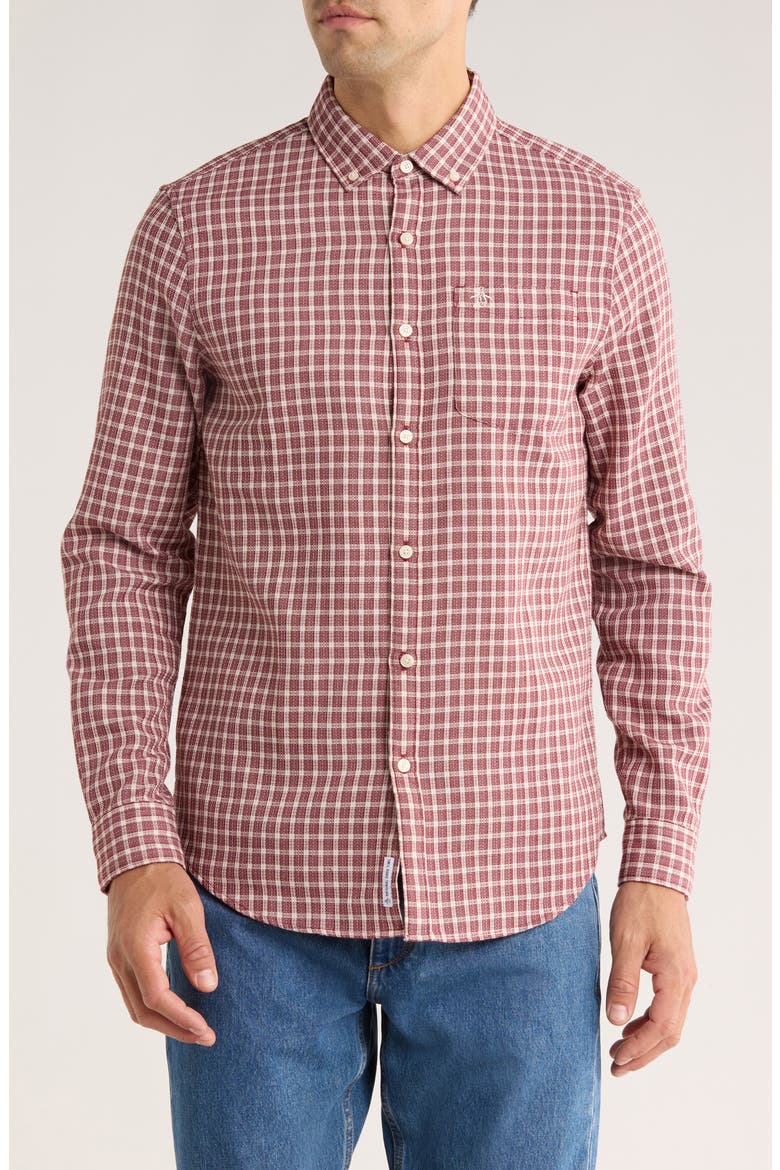 Waffle Check Button-Down Shirt, Main, color, CABERNET