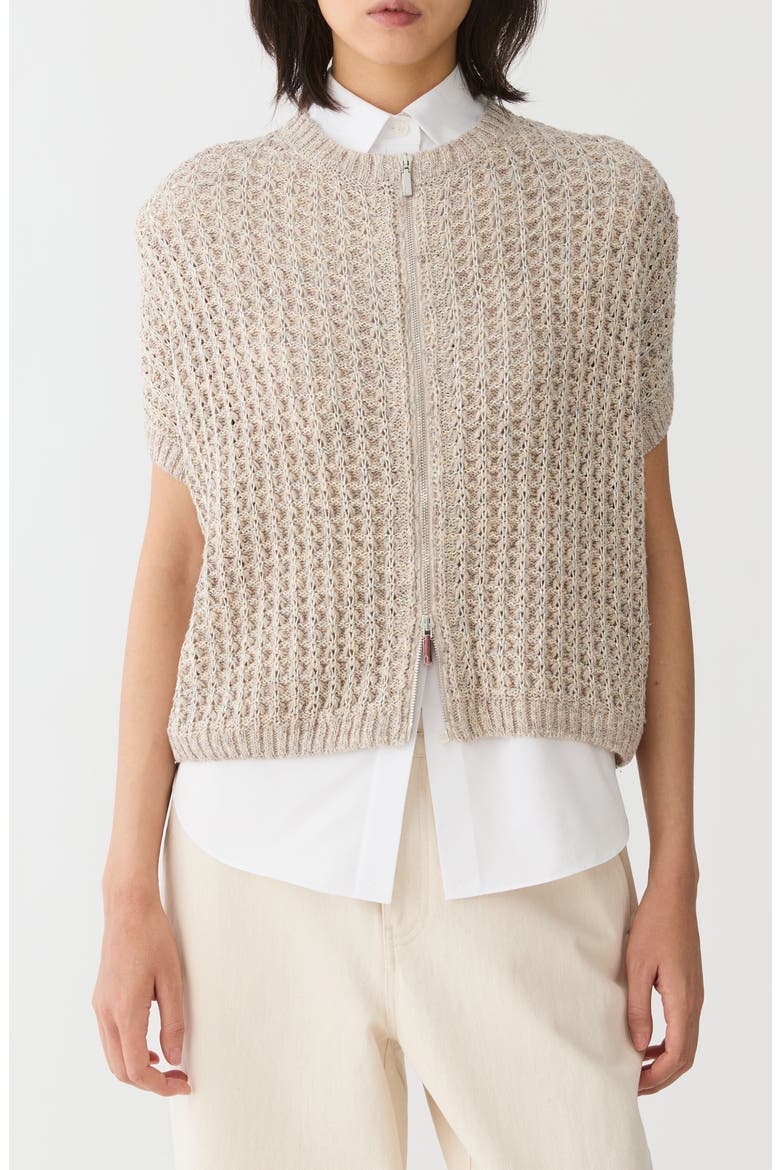 Short Sleeve Metallic Linen Blend Pointelle Cardigan, Main, color, SANDSTONE METALLIC