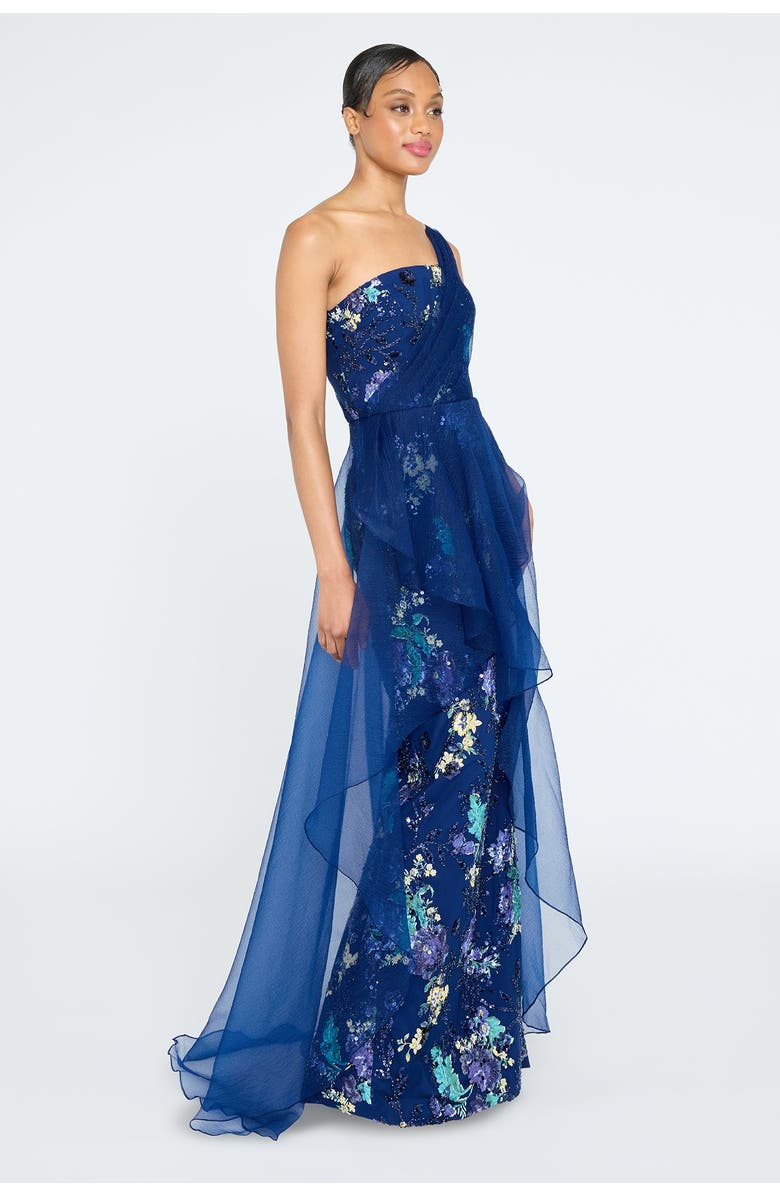 Theia Noemi Column Gown with Overlay, Alternate, color, Blue