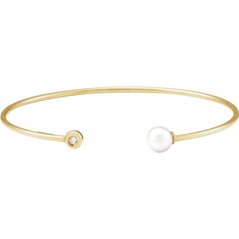 Freshwater Pearl & .03 Ct Natural Diamond Cuff Bracelet In 14k Gold