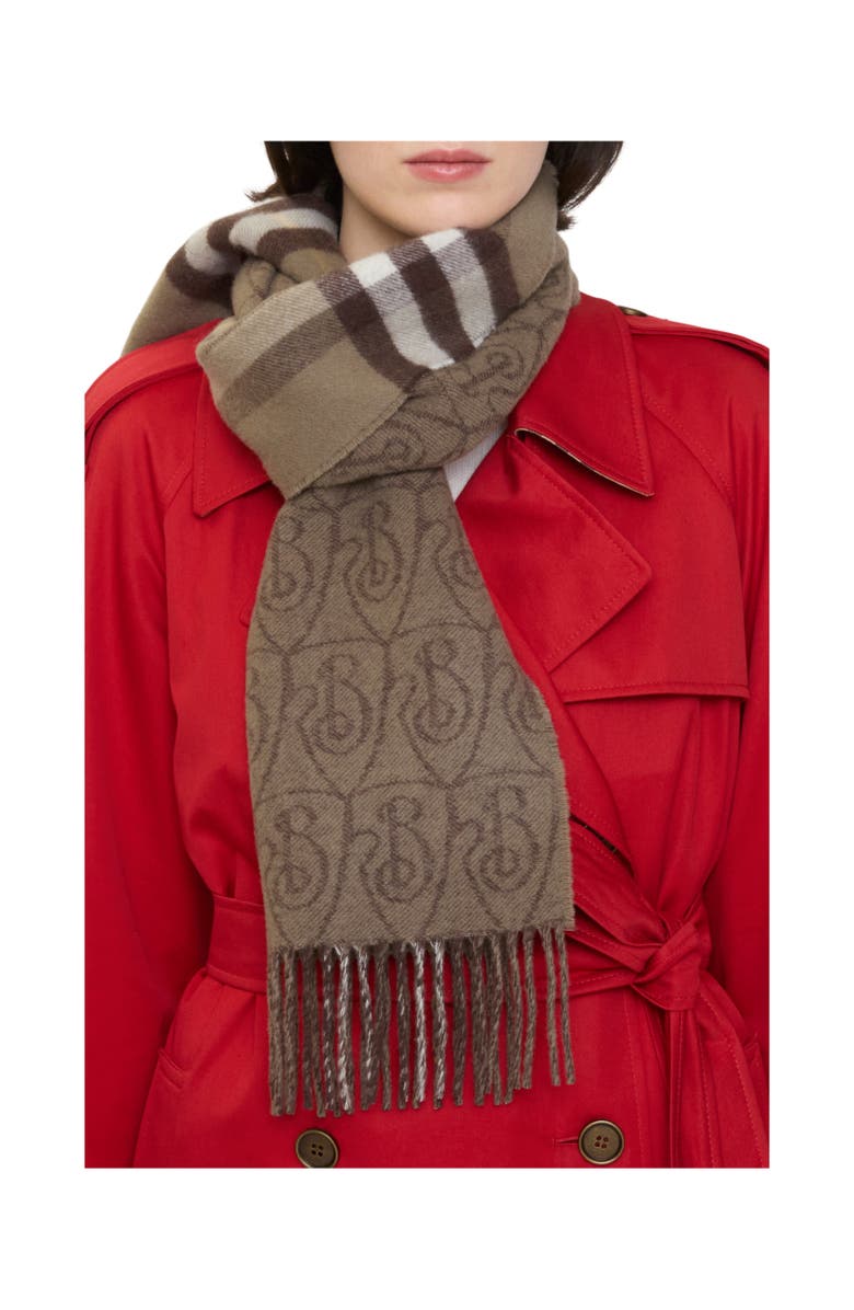 Burberry Reversible B Shield Cashmere Scarf, Alternate, color, Vole Brown