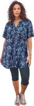 Roaman's Plus Size Angelina Crinkle Crepe Y Neck Short Sleeve Tunic
