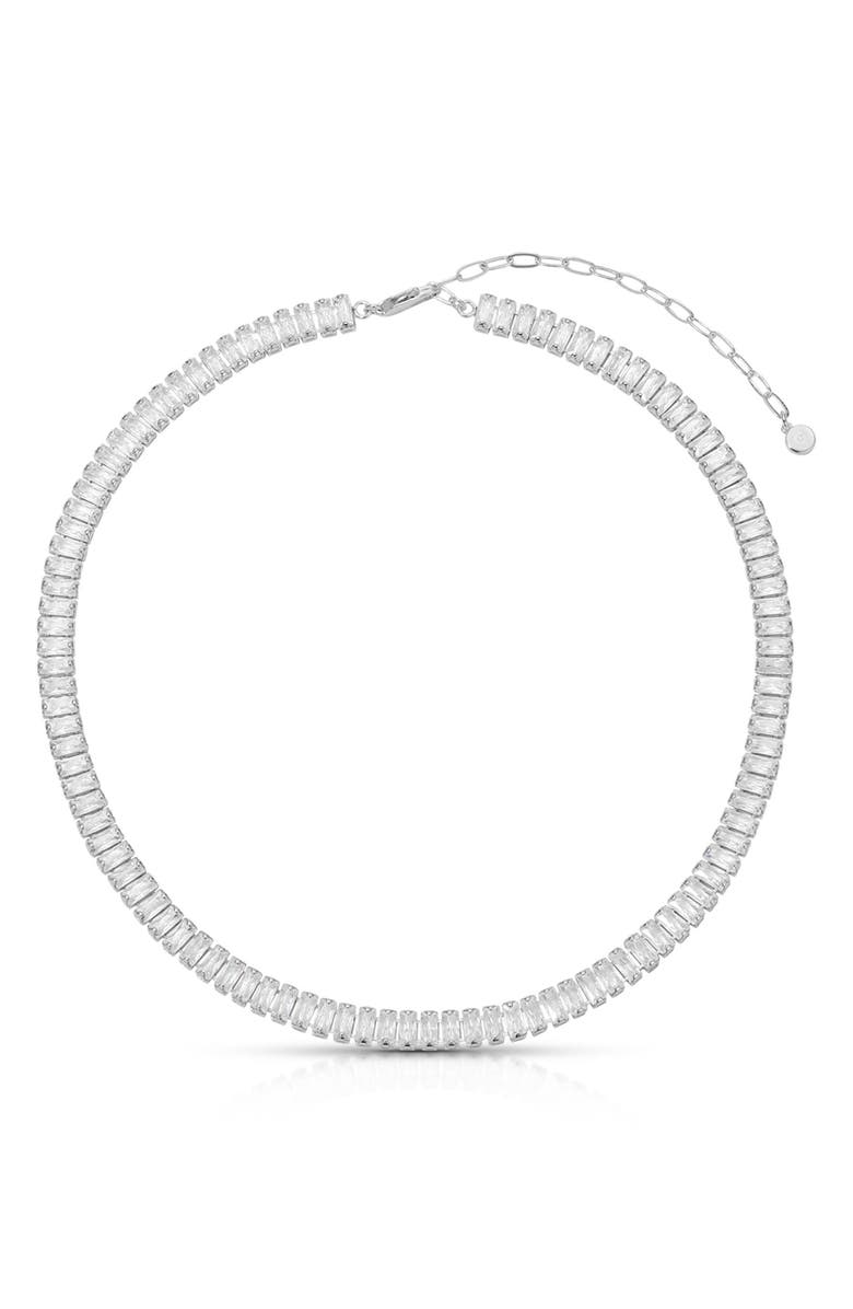 Ettika Cubic Zirconia Baguette Necklace, Main, color, Silver