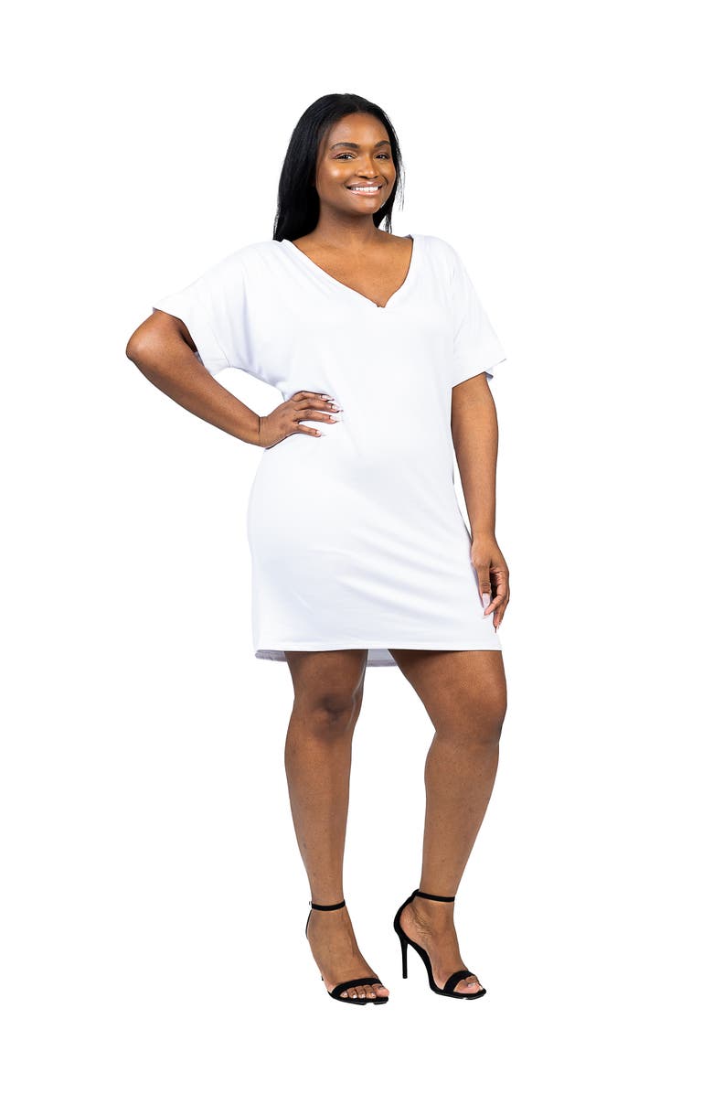 24seven Comfort Apparel Plus Size Solid Color Loose Fit V Neck T Shirt Style Knee Length Dress, Alternate, color, White