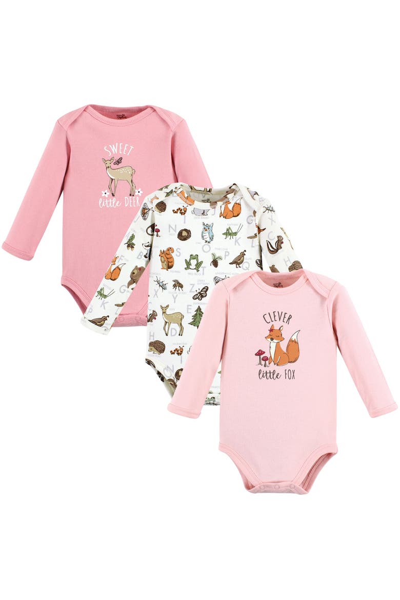 Organic Long-Sleeve Bodysuit 3Pk, Main, color, Girl Woodland Alphabet