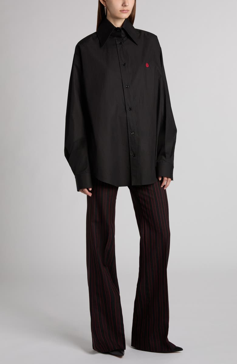 McQueen Skull Embroidered Cotton Poplin Button-Up Shirt, Alternate, color, Black