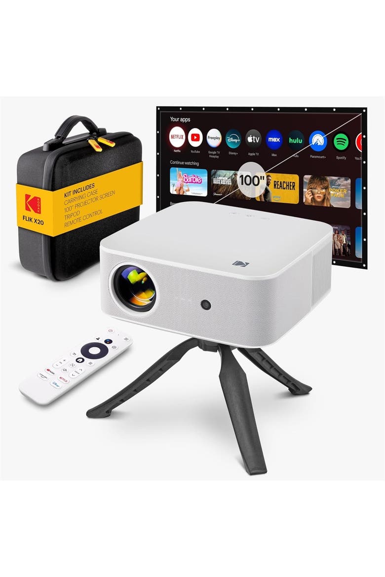 Flik X20 Full HD Smart Projector Kit with 100" Screen, Tripod, Remote, Wi-Fi, EVA Case, Main, color, White
