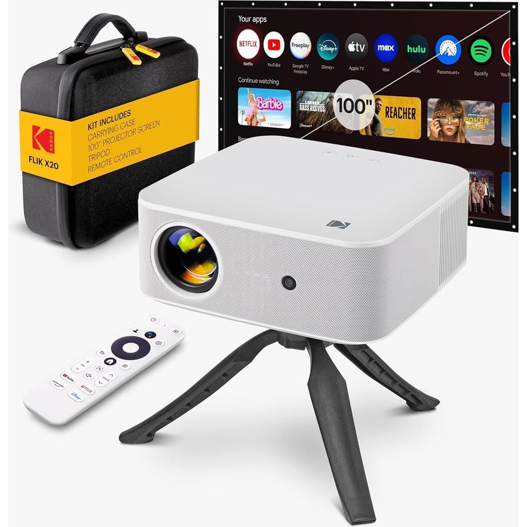 Kodak Flik X20 Full HD Smart Projector Kit with 100" Screen, Tripod, Remote, Wi-Fi, EVA Case in White at Nordstrom