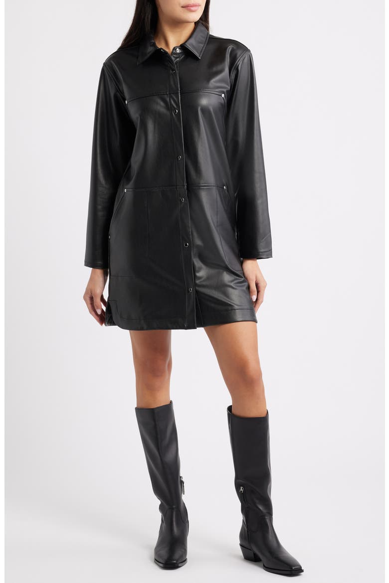 Long Sleeve Faux Leather Shirtdress, Main, color, BLACK