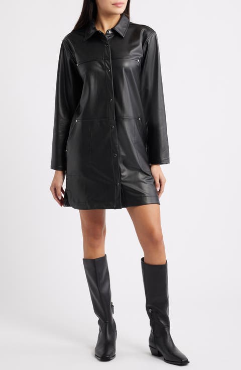 Long Sleeve Faux Leather Shirtdress