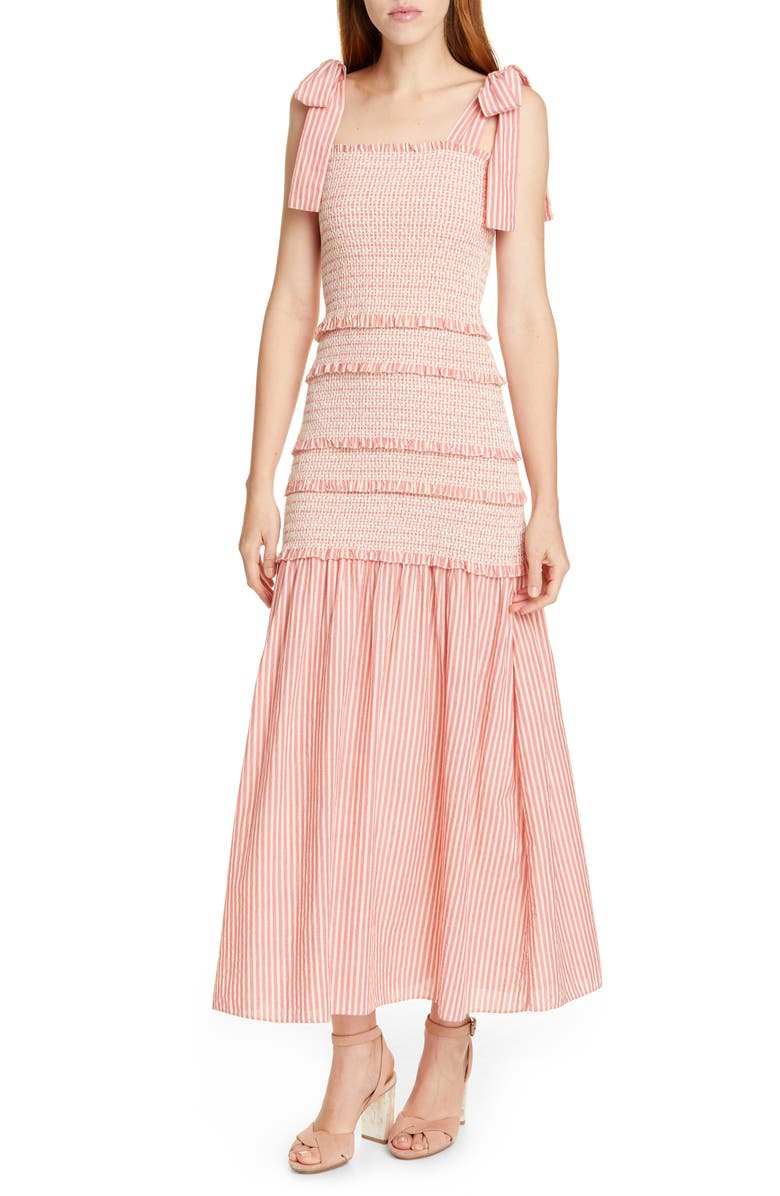 LoveShackFancy Robyn Stripe Smocked Ruffle Maxi Dress, Main, color,