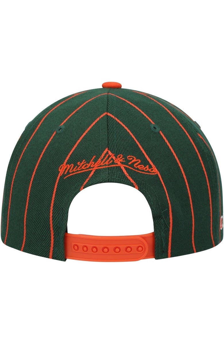 Mitchell & Ness Men's Mitchell & Ness Green Miami Hurricanes Team Pinstripe Snapback Hat, Alternate, color,