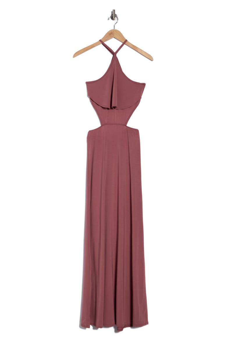 Cutout Maxi Halter Dress, Alternate, color, DARK MAUVE PONTE