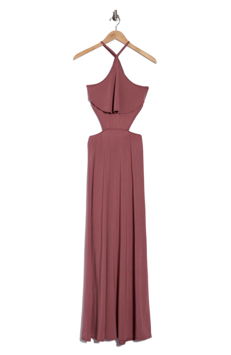 GO COUTURE Cutout Maxi Halter Dress, Alternate, color, Dark Mauve Ponte