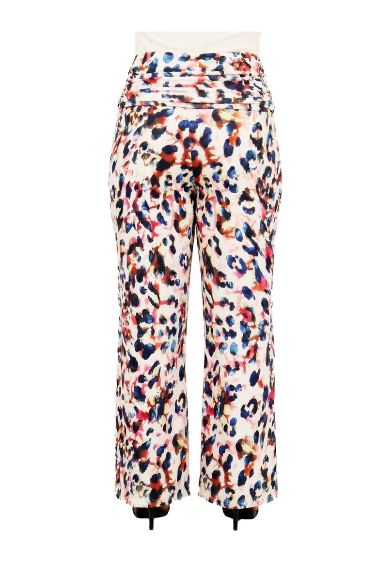 Curvy Essential Cheetah Print Foldover Waist Wide Leg Pants, Alternate, color, White Multi