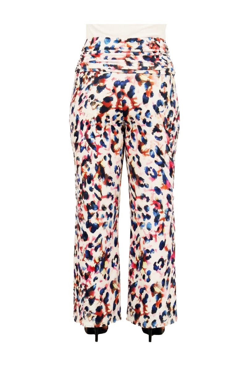 24seven Comfort Apparel Curvy Essential Cheetah Print Foldover Waist Wide Leg Pants, Alternate, color, White Multi