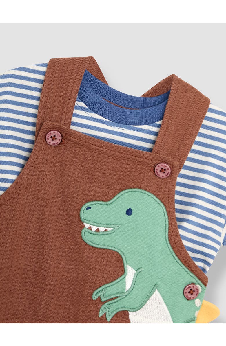 JOJO MAMAN BEBE Stripe Cotton T-Shirt & T-Rex Appliqué Overalls Set, Alternate, color, Brown