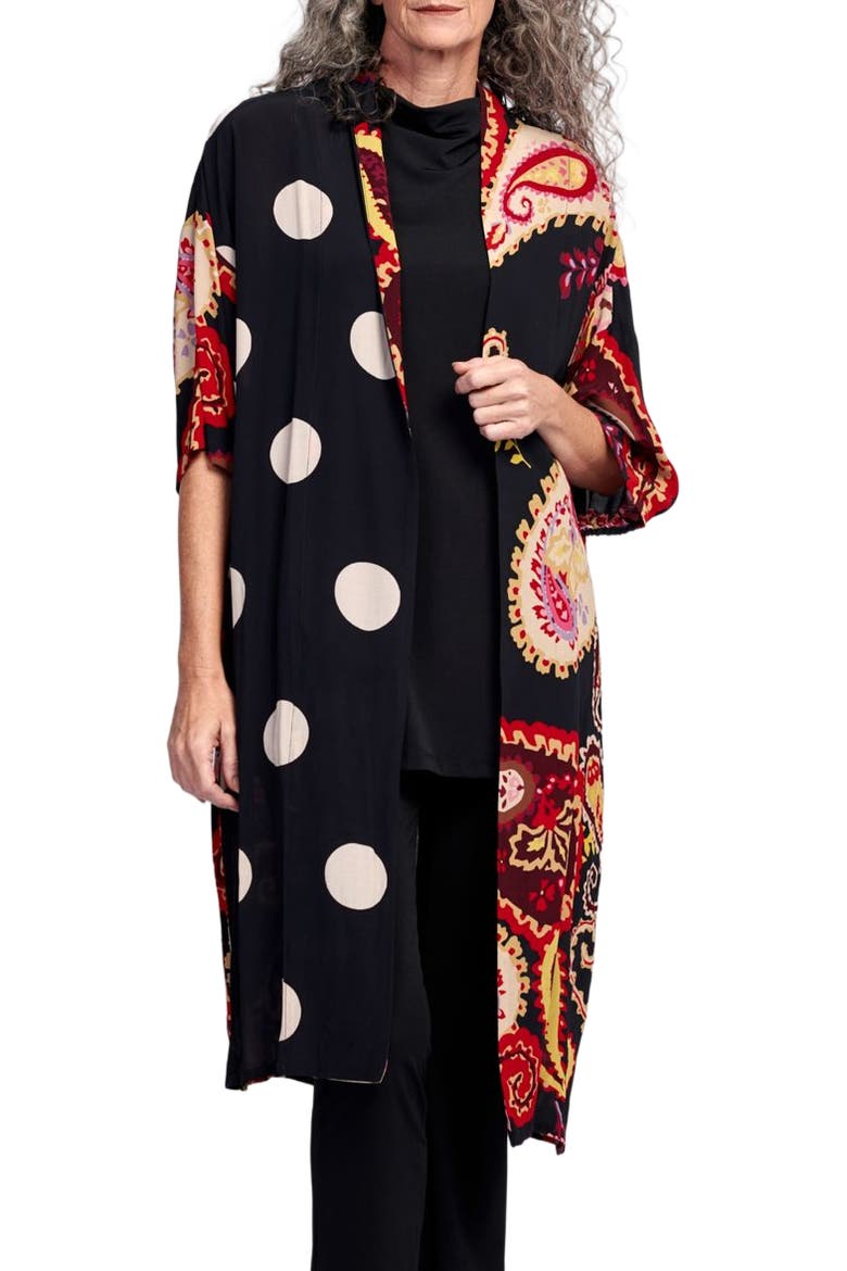 Fiesta print kimono inspired long light jacket, Main, color, Black Paisley Print
