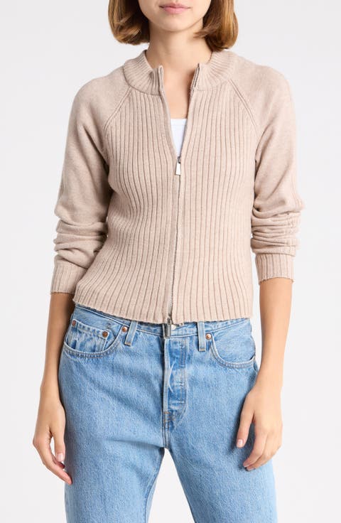Mixed Stitch Mock Neck Zip Cardigan
