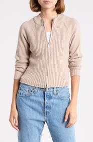 Madden Girl Mixed Stitch Mock Neck Zip Cardigan