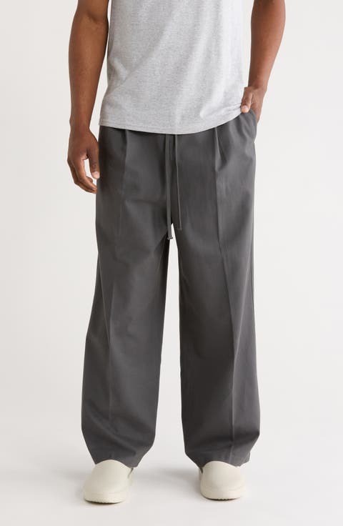 Pleat Front Drawstring Cotton Twill Pants