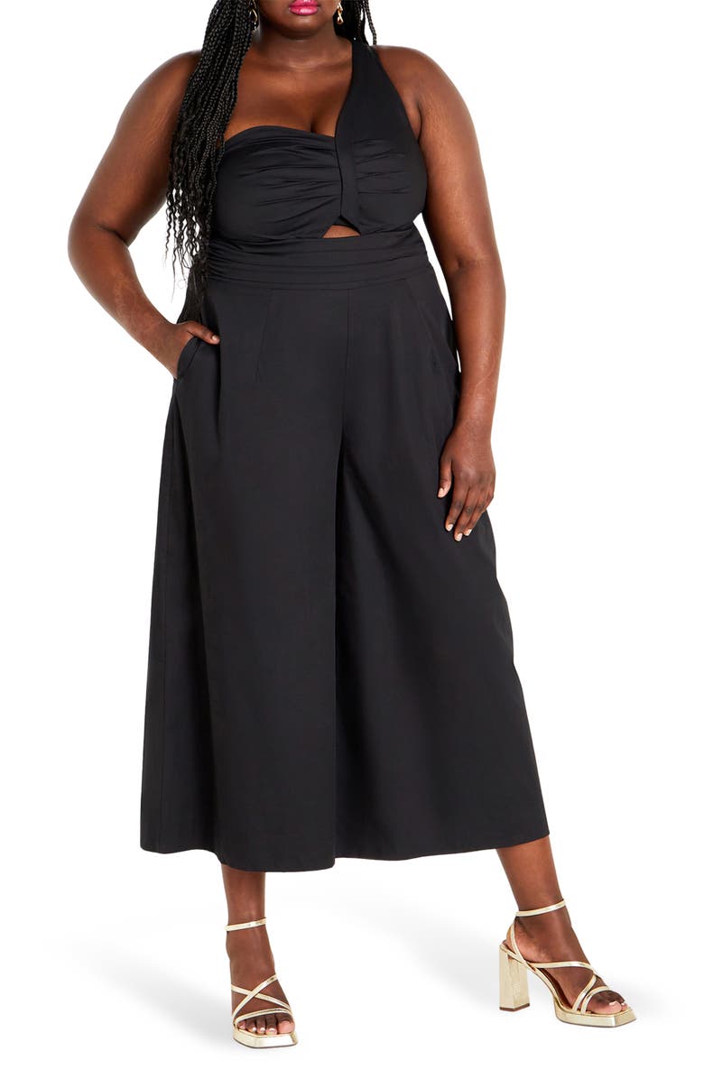 City Chic Rebecca One-Shoulder Cotton Jumpsuit, Alternate, color, Black