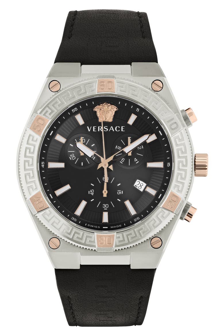 V-Sporty Greca Chronograph Leather Strap Watch, 46mm, Main, color, STAINLESS STEEL