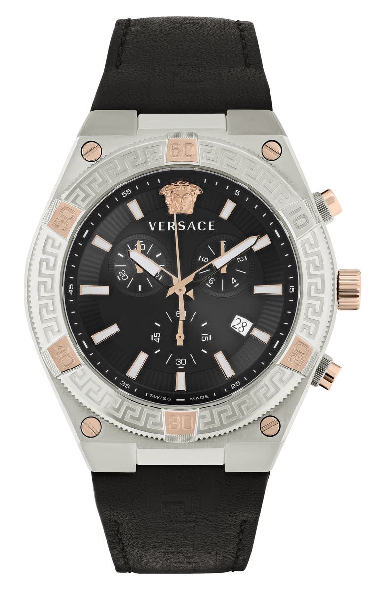 Versace V-Sporty Greca Chronograph Leather Strap Watch, 46mm, Main, color, Stainless Steel