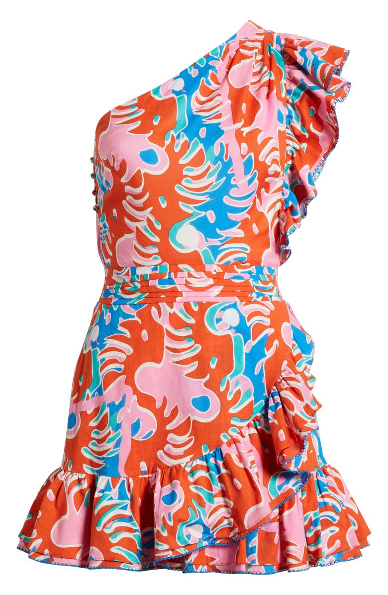 Poupette St Barth Corinne Abstract Print One-Shoulder Cotton Cover-Up Minidress, Alternate, color,